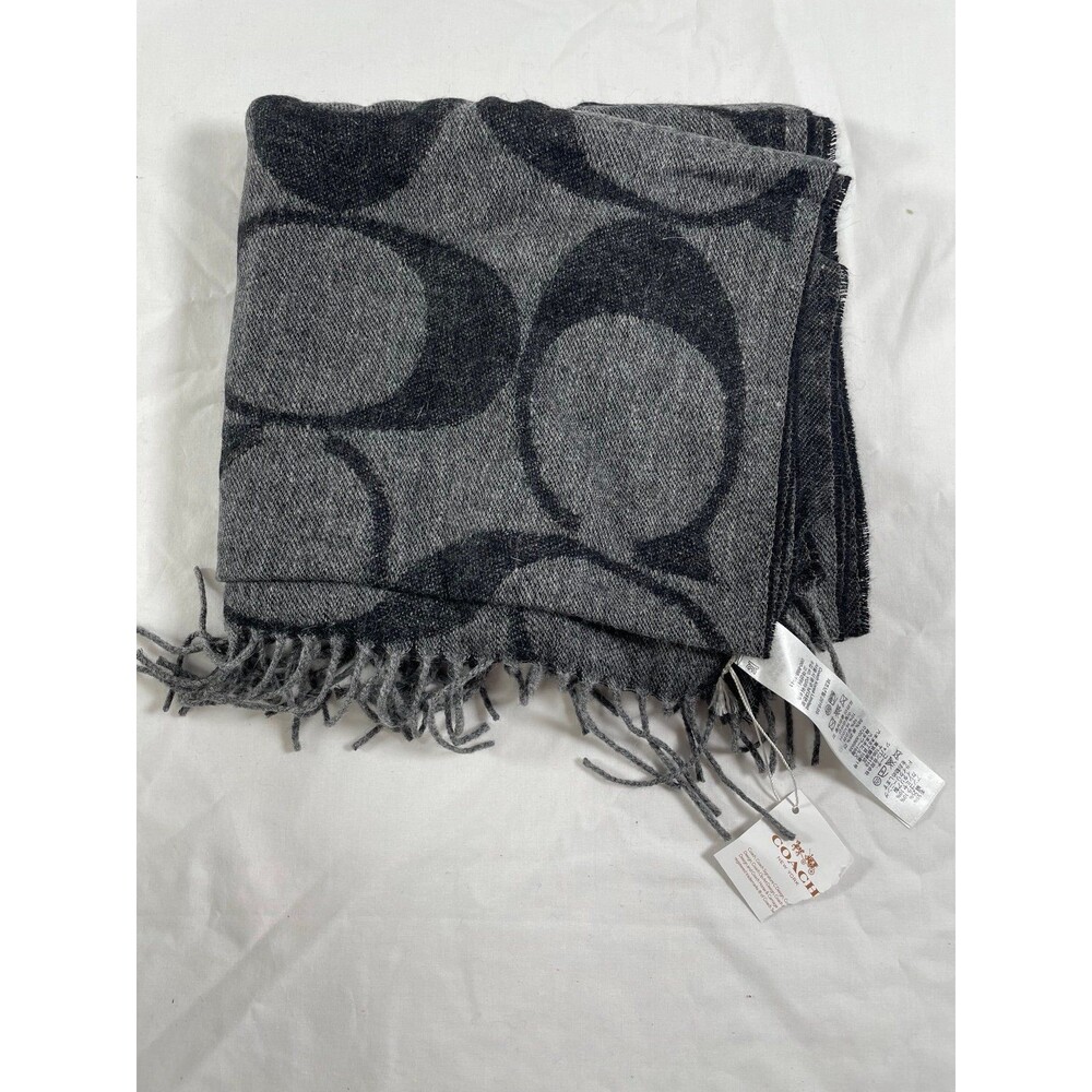 NWT Coach Unisex Gray Signature Logo Scarf Muffler 55% Wool Made in Italy